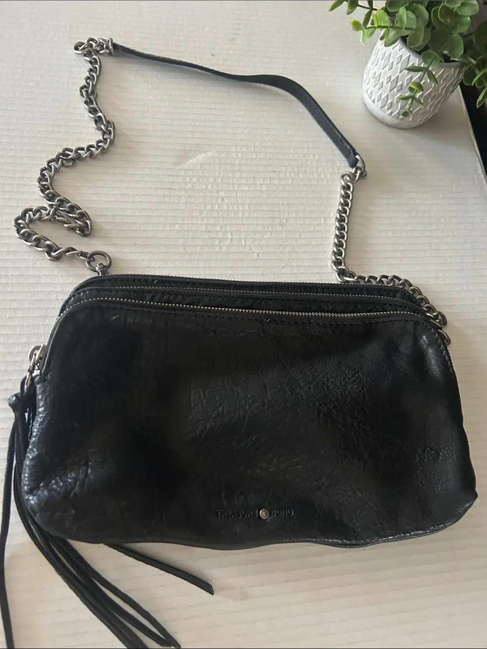Treasure & Bond Black Leather triple -Zip Crossbody with Chain Tassel